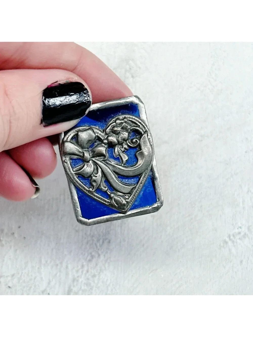 348u. Blue Stained Glass Heart Brooch